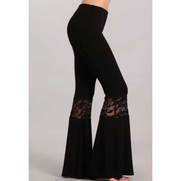 SOLD OUT Black Lace Inset Boho Flare Bell Stretch Pants - Picture 2 of 6